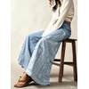 image:imageCHARTOU Women Floral Boho Wide Leg Jeans Back Elastic Waist Midi Rise Patchwork Bell Jeans with PocketsLight Blue