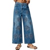 image:imageCHARTOU Women Floral Rhinestone Baggy Jeans Y2k Crop Denim Sparkly Bling Glitter Flare Wide Leg PantsBlue