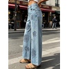 image:imageCHARTOU Women Floral Rhinestone Baggy Jeans Y2k Crop Denim Sparkly Bling Glitter Flare Wide Leg PantsLight Blue