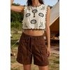 image:imageCHARTOU Womens High Waisted Denim Cargo Shorts Drawstring Back Elastic Waist Rolled for Casual SummerBrown