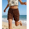 image:imageCHARTOU Womens High Waisted Denim Cargo Shorts Drawstring Back Elastic Waist Rolled for Casual SummerBrown
