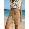 image:imageCHARTOU Womens High Waisted Denim Cargo Shorts Drawstring Back Elastic Waist Rolled for Casual SummerKhaki