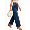 image:imageWomens High Waist Cropped Wide Leg Jeans Lace Trim Flared Ankle Denim PantsDark Blue