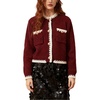 image:imageCHARTOU Women Contrast Trim Cropped Cardigan Sweater Fall Winter Elegant Button Down Crewneck Knitwear TopWine Red