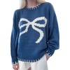 image:imageCHARTOU Women Crew Neck Pullover Sweater Cropped Contrast Trim Cute Bow Knitwear Jumper Fall OutfitsBlue