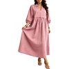 image:imageCHARTOU Women Denim Maxi Dress V Neck 34 Puff Sleeve Babydoll Jean Dress with PocketsPink