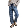 image:imageCHARTOU Women Plaid Barrel Jeans Drawstring Waist Cargo Cropped Wide Leg Denim PantsBlue