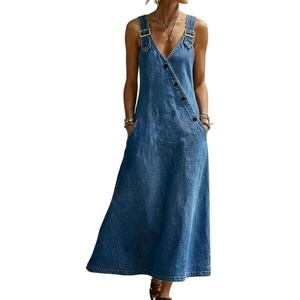 image:imageCHARTOU Women Button Front Denim Overall Dress Adjustable Strap A Linen Long Jean Dress with PocketsDark Blue