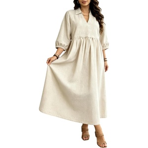 image:imageCHARTOU Women Denim Maxi Dress V Neck 34 Puff Sleeve Babydoll Jean Dress with PocketsBeige