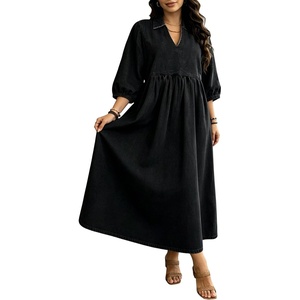 image:imageCHARTOU Women Denim Maxi Dress V Neck 34 Puff Sleeve Babydoll Jean Dress with PocketsBlack