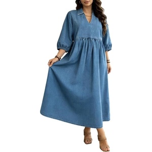 image:imageCHARTOU Women Denim Maxi Dress V Neck 34 Puff Sleeve Babydoll Jean Dress with PocketsBlue
