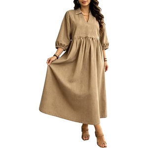 image:imageCHARTOU Women Denim Maxi Dress V Neck 34 Puff Sleeve Babydoll Jean Dress with PocketsKhaki