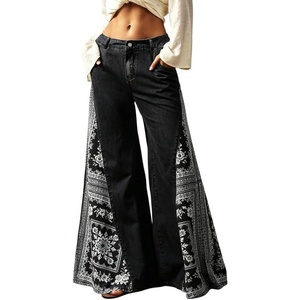 image:imageCHARTOU Women Floral Boho Wide Leg Jeans Back Elastic Waist Midi Rise Patchwork Bell Jeans with PocketsBlack