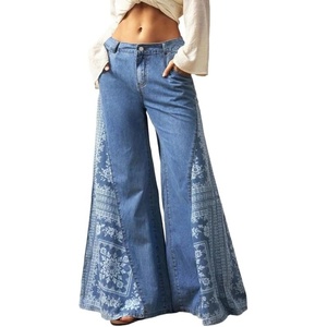 image:imageCHARTOU Women Floral Boho Wide Leg Jeans Back Elastic Waist Midi Rise Patchwork Bell Jeans with PocketsBlue