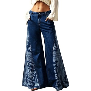image:imageCHARTOU Women Floral Boho Wide Leg Jeans Back Elastic Waist Midi Rise Patchwork Bell Jeans with PocketsDark Blue