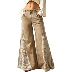 image:imageCHARTOU Women Floral Boho Wide Leg Jeans Back Elastic Waist Midi Rise Patchwork Bell Jeans with PocketsKhaki