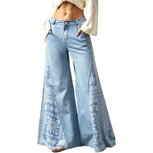 image:imageCHARTOU Women Floral Boho Wide Leg Jeans Back Elastic Waist Midi Rise Patchwork Bell Jeans with PocketsLight Blue