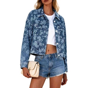 image:imageCHARTOU Women Floral Cropped Denim Jacket Coat Y2k Lapel Button Down Short Jean Shacket Spring OutwearBlue