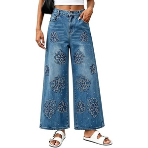 image:imageCHARTOU Women Floral Rhinestone Baggy Jeans Y2k Crop Denim Sparkly Bling Glitter Flare Wide Leg PantsBlue