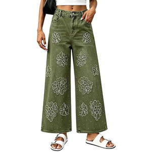image:imageCHARTOU Women Floral Rhinestone Baggy Jeans Y2k Crop Denim Sparkly Bling Glitter Flare Wide Leg PantsGreen