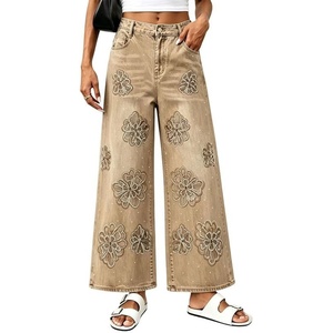 image:imageCHARTOU Women Floral Rhinestone Baggy Jeans Y2k Crop Denim Sparkly Bling Glitter Flare Wide Leg PantsKhaki