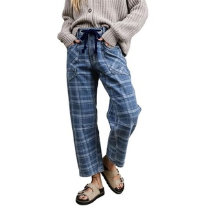 image:imageCHARTOU Women Plaid Barrel Jeans Drawstring Waist Cargo Cropped Wide Leg Denim PantsBlue