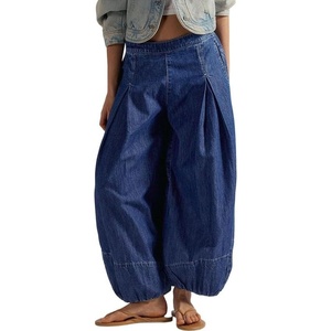 image:imageCHARTOU Women Pull On Wide Leg Jeans Baggy Elastic Midi Waist Denim Balloon Pants Y2k Lotus Jeans SweatpantsDark Blue