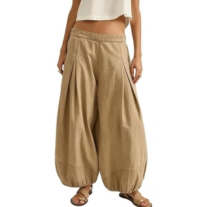 image:imageCHARTOU Women Pull On Wide Leg Jeans Baggy Elastic Midi Waist Denim Balloon Pants Y2k Lotus Jeans SweatpantsKhaki