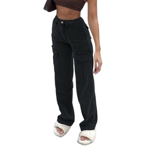 image:imageCHARTOU Womens Y2K Street Wear High Waist Straight Wide Leg Cargo Denim JeansBlack