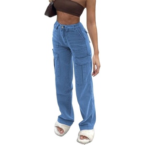 image:imageCHARTOU Womens Y2K Street Wear High Waist Straight Wide Leg Cargo Denim JeansBlue