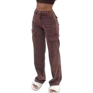 image:imageCHARTOU Womens Y2K Street Wear High Waist Straight Wide Leg Cargo Denim JeansCoffee
