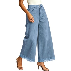 image:imageWomen High Waist Wide Leg Cropped Jeans Lace Hem Loose Fit Ankle Denim PantsLight Blue