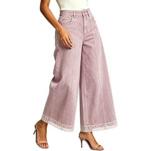 image:imageWomen High Waist Wide Leg Cropped Jeans Lace Hem Loose Fit Ankle Denim PantsPink