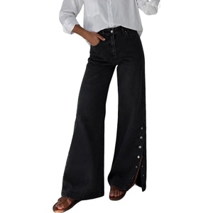 image:imageWomen High Waist Wide Leg Jeans Side Rivet Stud Split Flare Casual Denim PantsBlack