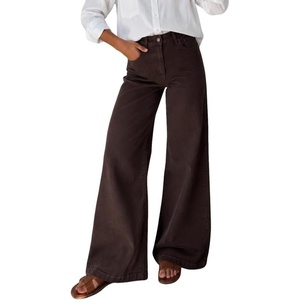 image:imageWomen High Waist Wide Leg Jeans Side Rivet Stud Split Flare Casual Denim PantsChocolate Brown