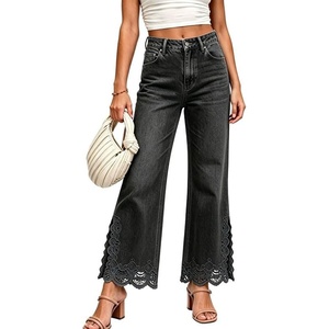 image:imageWomens High Waist Cropped Wide Leg Jeans Lace Trim Flared Ankle Denim PantsBlack