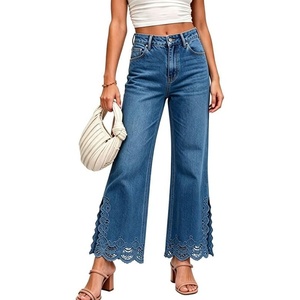 image:imageWomens High Waist Cropped Wide Leg Jeans Lace Trim Flared Ankle Denim PantsBlue