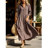 image:imageCHARTOU Women Gingham Maxi Shirt Dress Casual Long Sleeve Button Down Flowy Plaid DressBrown