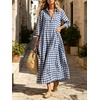 image:imageCHARTOU Women Gingham Maxi Shirt Dress Casual Long Sleeve Button Down Flowy Plaid DressNavy Blue