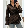 image:imageCHARTOU Women Plaid Shirt Top Detachable Shawl Button Down Long Sleeve Blouses with BeltCoffee