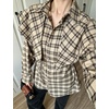 image:imageCHARTOU Women Plaid Shirt Top Detachable Shawl Button Down Long Sleeve Blouses with BeltKhaki
