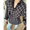 image:imageCHARTOU Women Plaid Shirt Top Detachable Shawl Button Down Long Sleeve Blouses with BeltNavy