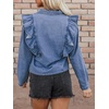 image:imageCHARTOU Women Ruffle Denim Shirt Top Fall Lapel Collar Button Down Long Sleeve Jean CoatBlue
