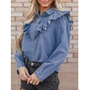 image:imageCHARTOU Women Ruffle Denim Shirt Top Fall Lapel Collar Button Down Long Sleeve Jean CoatBlue