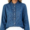 image:imageWomen Polka Dot Denim Shirt Ruffle Trim Button Down Blouse Casual Jean TopsDark Blue