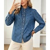 image:imageWomen Polka Dot Denim Shirt Ruffle Trim Button Down Blouse Casual Jean TopsDark Blue