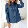 image:imageWomen Polka Dot Denim Shirt Ruffle Trim Button Down Blouse Casual Jean TopsDark Blue