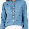 image:imageWomen Polka Dot Denim Shirt Ruffle Trim Button Down Blouse Casual Jean TopsLight Blue