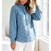 image:imageWomen Polka Dot Denim Shirt Ruffle Trim Button Down Blouse Casual Jean TopsLight Blue