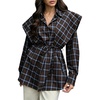 image:imageCHARTOU Women Plaid Shirt Top Detachable Shawl Button Down Long Sleeve Blouses with BeltNavy